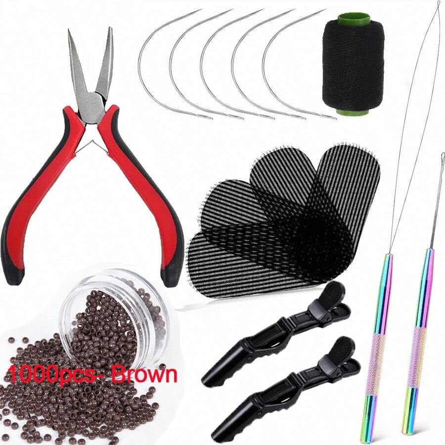 Hair Extension Tool Kit - Silicone Micro Beads, Stainless Steel Beads Plier, Metal Bead Threader And Needle Pulling Hook For Beading Hair Extensions, Girls Cosplay Party Hair Styling Tool - View 1