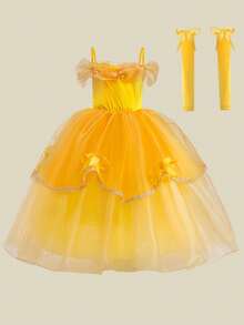 Tween Girls Yellow Spaghetti Strap Organza Elegant Evening Dress Suitable For Prom And Party, Headband Not Included - Yellow - View 6