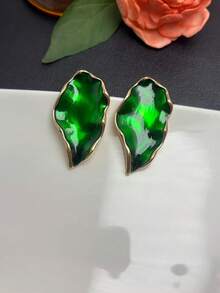 Irregular Wavy Leaf Enamel Drop Earrings, Multi-Color Vintage Metal Earrings, Luxury Daily Wear Jewelry For Women - Multicolor - View 4