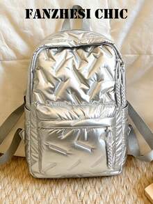 Student Backpack, New Classic University Style, Solid Color And Diamond Pattern Design, Large Capacity Multi-Pocket Bag, Also Suitable For Travel And Vacation, Perfect For Campus Use. Suitable For Short Trips - Silver - View 6