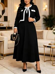 Plus Size Women's Elegant Spring To Summer 2-Piece Set, Contrast Trim Button Cardigan With Solid Color Long Dress - Black - View 4