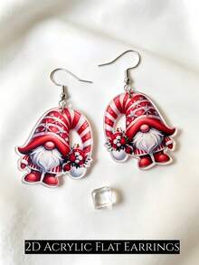 2D Flat Red Striped Candy Cane Gnome Acrylic Earrings, Stainless Steel Ear Hooks, Cute Winter Christmas Women's Dangle Earrings, Christmas Fun Jewelry Gift - Red Santa Hat - View 6