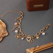 Cute Y2K Gold Chunky Link Charm Bracelet, Butterfly Heart Pearl Pink Flower Multi Charms Wrist Bracelet For Daily Outfit - Yellow Gold - View 2