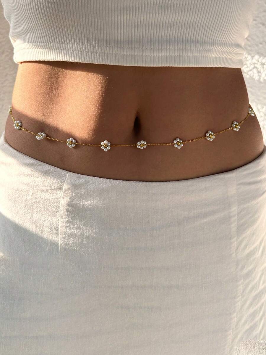 Nooxian 1件金色女用腰鍊,防水防鏽不鏽鋼雛菊手工花朵仿珍珠腰鍊,夏季海灘度假身體鍊,比基尼腹鍊飾品,日常疊戴飾品禮物 - 金黃色 - 查看 1