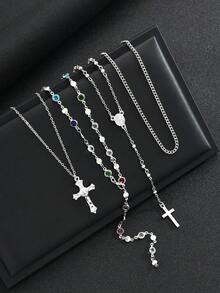 4pcs Fashion Elegant Sophisticated Personalized Exaggerated Luxury Old Money Style Colorful Rhinestone Cross Necklace Set For Men, Vacation Party Date Travel Shopping Beach Seaside Daily Wear Versatile Combination - Style 1 - View 6