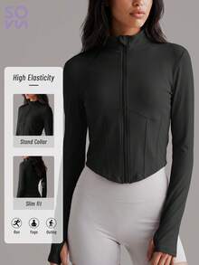 Soyun New Spring/Autumn Stand Collar Sports Jacket, Thumb Hole Mermaid Line Design, Suitable For Outdoor Activities And Casual Wear - Black - View 9
