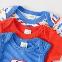 Conjunto 3 Macacões Curtos Masculinos Estampa Carros de Corrida, 100% Algodão, roupa de verão para bebê recém-nascido - Vermelho - Visão 4