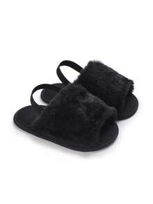 Sandal Selop Bayi Berwarna Hitam Berbahan Plush, Sandal Balita dengan Tali Tumit Elastis dan Sol Lembut Anti Selip untuk Musim Semi dan Gugur, Sepatu Rumah Dalam Ruangan - Hitam - View 1
