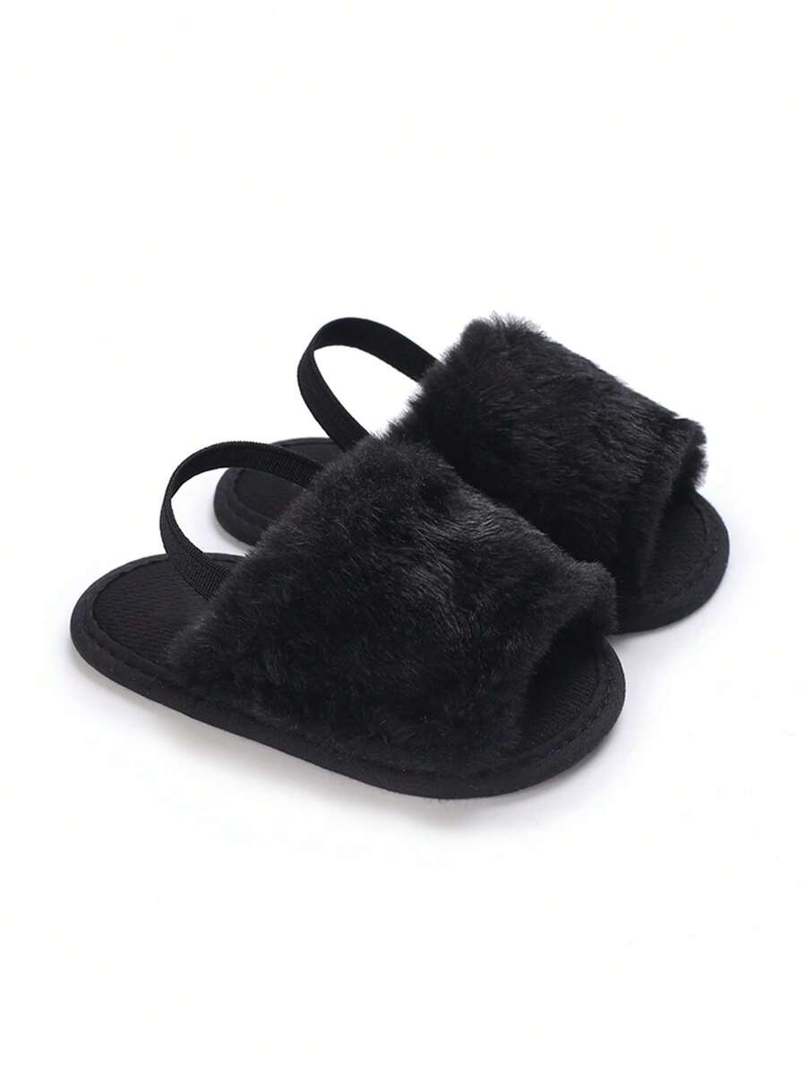 Sandal Selop Bayi Berwarna Hitam Berbahan Plush, Sandal Balita dengan Tali Tumit Elastis dan Sol Lembut Anti Selip untuk Musim Semi dan Gugur, Sepatu Rumah Dalam Ruangan - Hitam - View 1