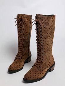 Women's Pointed Toe Fashion Brown Knee-High Boots With Polka Dots, Commuter Boots For Outdoor Winter And Autumn - Brown - View 6
