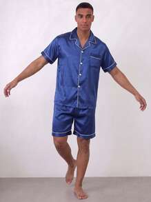 Snug League Conjunto de pijama de satén para hombre de 2 piezas, incluye pantalones cortos, chaqueta de dormir de seda, top cárdigan de manga corta con botones - Azul - Ver 5