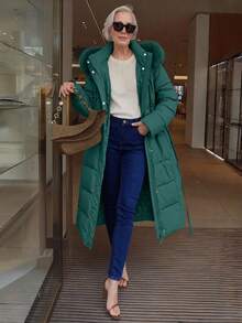 Giolshon 女款休閒連帽填充夾克外套，附口袋，輕量絎縫填充外套，人造毛內裡，適合春/秋/冬日常穿著 - 綠色 - 查看 3