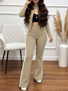 Women's Casual 2 Pieces Tracksuit Set For Spring/Autumn, Featuring A Stand Collar Short Striped Zip-Up Jacket Paired With Striped Straight-Leg Pants, Slightly Stretchy Yoga Outfit For Slim Fit - Apricot 18 - View 3