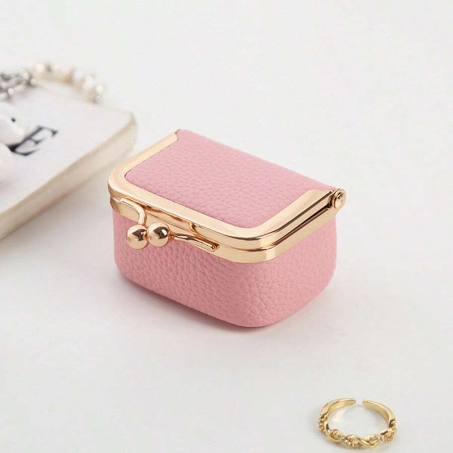 1pc Solid Color Gold Trim Litchi Grain PU Leather Jewelry Coin Earphone Storage Mini Pouch With Gold Ball Snap Button Closure, Sweet Vintage Style, Travel Commute Daily Carry Bag For Girls