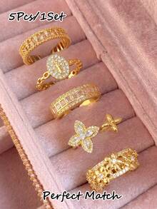 5pcs Luxury Cubic Zirconia Chain Open Copper Ring Set, Suitable For Women's Party And Gathering - Gold - View 1