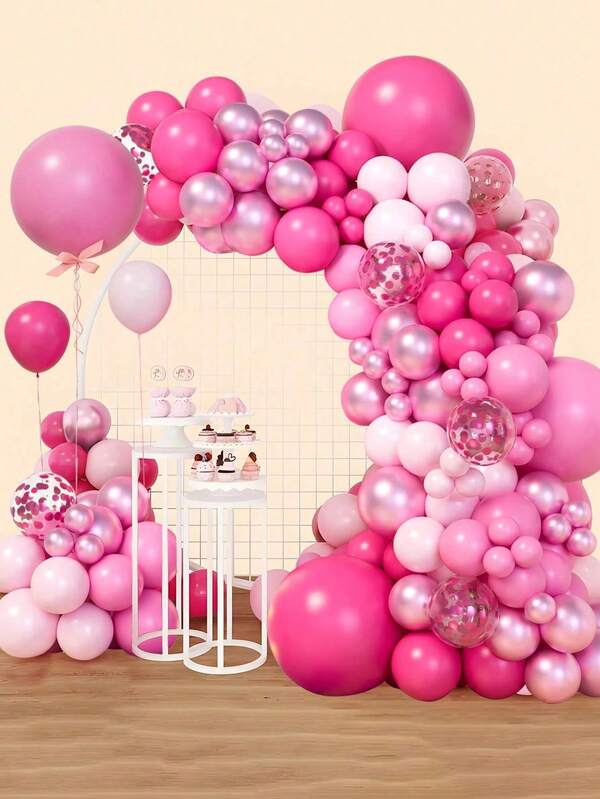111pcs Pink Confetti Balloon Chain Set With 2pcs Balloon Accessory, Decorative Balloon Arch Kit Perfect For Baptism Birthday Wedding Party Wall Background, Family Holiday Party Decoration Supplies,Christmas