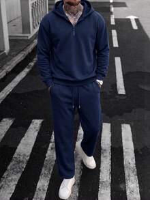 Navy Blue Half-Zip Hooded Sweatshirt And Jogger Pants 2-Piece Set, Men's Solid Color Casual Sports Outfit - Navy Blue - View 1