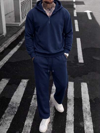 Setelan 2 Potong: Sweatshirt Berkerudung Setengah Resleting Warna Biru Tua dan Celana Jogger, Pakaian Olahraga Kasual Warna Polos untuk Pria