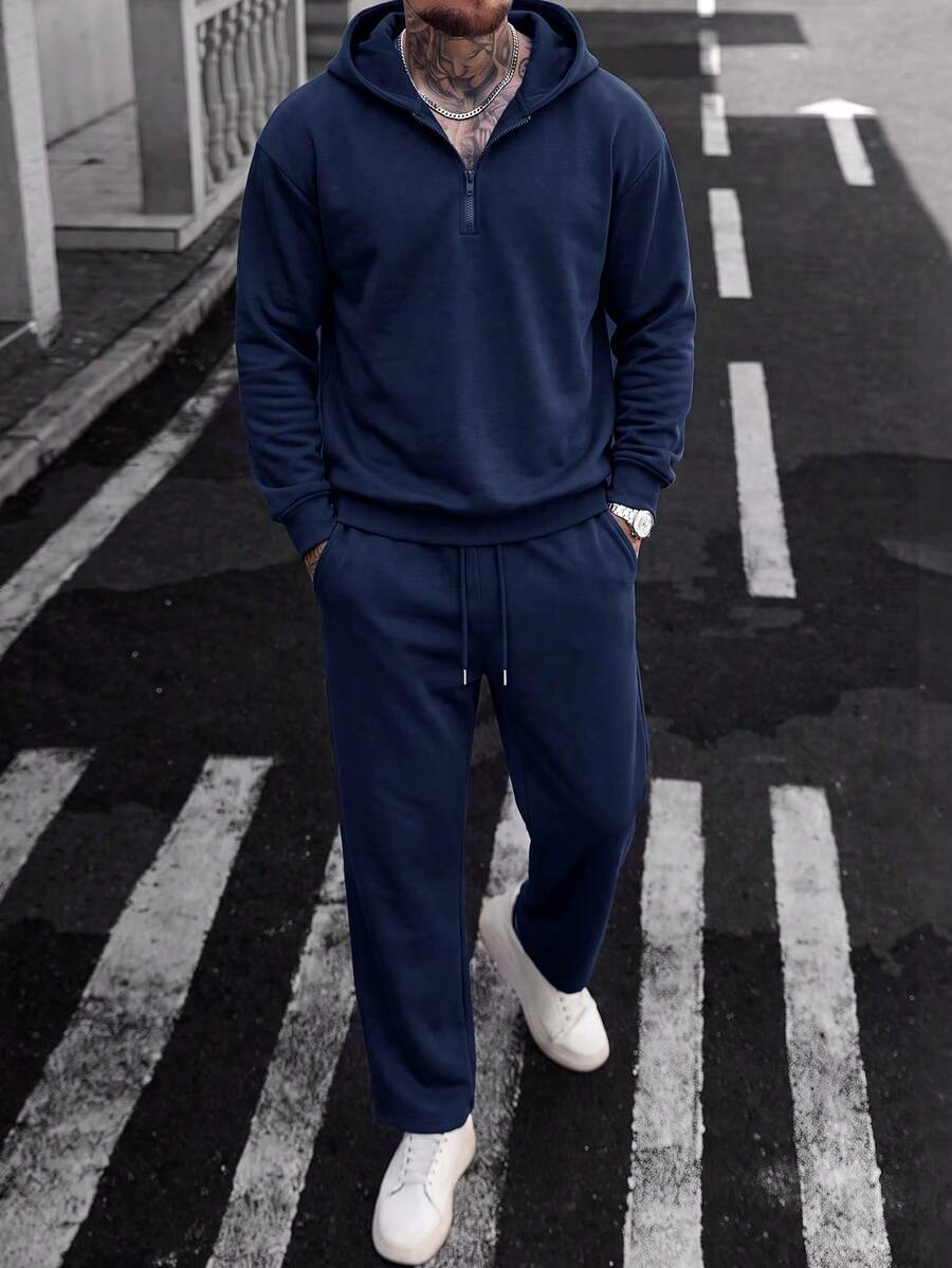 Navy Blue Half-Zip Hooded Sweatshirt And Jogger Pants 2-Piece Set, Men's Solid Color Casual Sports Outfit - Navy Blue - View 1
