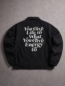 MAISONFOX Jaket Coach Pria Hitam dengan Resleting, Slogan di Depan & Grafis Besar di Belakang, Mantel Bomber Lengan Raglan Ringan, Pakaian Luar Streetwear - Hitam - View 1