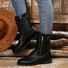 Women's Black Autumn/Winter Warm Fleece Lined Solid Color Basic Lace-Up Side Zipper Short Boots, Suitable For Autumn/Winter Outdoor Parties - Black - View 4