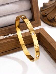 VJS 3pcs/1set Minimalist Luxury 18K Gold Plated Stainless Steel Stackable Bracelet Set, Suitable For Daily, Party, Wedding Women's Jewelry Gift - Yellow Gold - View 2