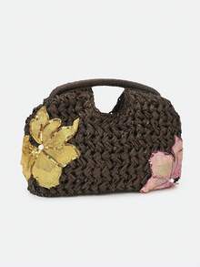 Clutch de Palha Tecida à Mão para Mulheres, com Enfeites Florais de Lantejoulas; Adequada para Compras, Passeios Casuais, Férias, Reuniões e Festas - Café - Visão 8
