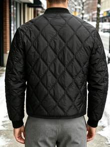 1 buah Jaket Penerbangan Musim Dingin Pria Motif Berlian Berlapis, Jaket Ringan Berbantalan dengan Resleting Penuh, Kerah, Manset, dan Ujung Bawah Bergaris, Atasan Kasual Serbaguna - Hitam - View 2