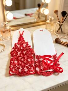 10/6/5/1 Pair Women's Bridal Wedding Lace Trim Hollow Rhinestone Studded Fingerless Mesh Short Wedding Dress Accessory Gloves - Red - View 13