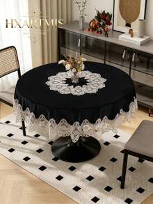 HXARTMIS 1PC Black Velvet Round Tablecloth, Exquisite Embroidered Gold Thread Lace Scalloped Edge Decor Table Mat, Suitable For Dining Room, Kitchen, Wedding, Banquet, Home Decor, Dust-Proof Tablecloth - Black - View 5