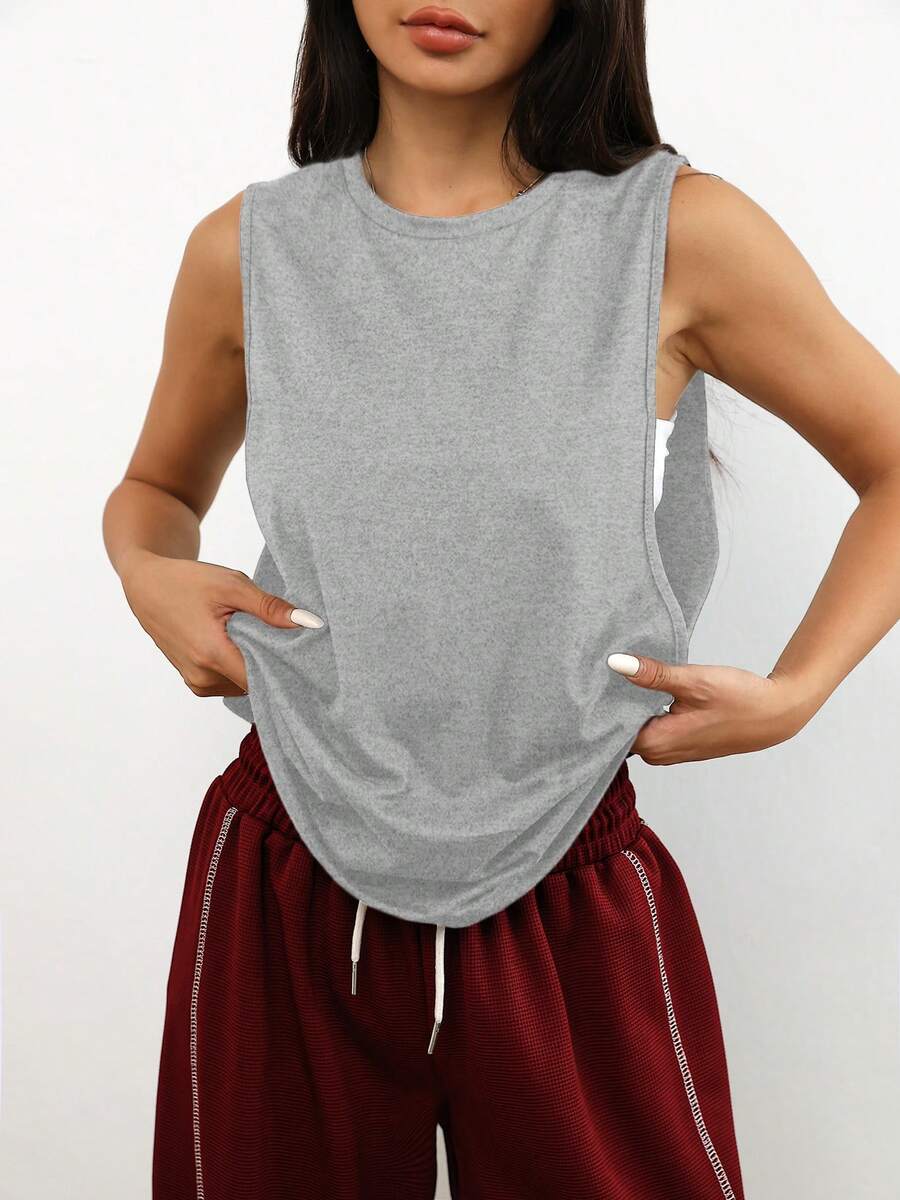 一件宽松舒适休闲纯色无袖套头衫,适合日常穿着、跑步、健身、春夏运动。 - 灰色 - 查看 1