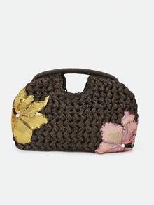 Clutch de Palha Tecida à Mão para Mulheres, com Enfeites Florais de Lantejoulas; Adequada para Compras, Passeios Casuais, Férias, Reuniões e Festas - Café - Visão 5