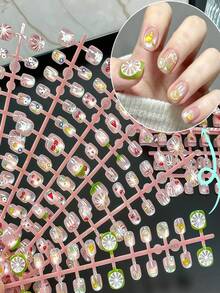 Kids Short Square Press On Nails, Summer Transparent Pink Fake Nail Tips With Cartoon Cat, Lemon Slice, Bow, Star & Fruit Print, DIY Manicure Kit For Little Girls, Party Holiday Daily Play Dress Up Nail Art Gift - Multicolor - View 4