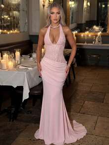 Sleeveless Solid Color Sexy Zipper Asymmetric/Asymmetrical Backless Party Wedding Dress - Pink - View 3