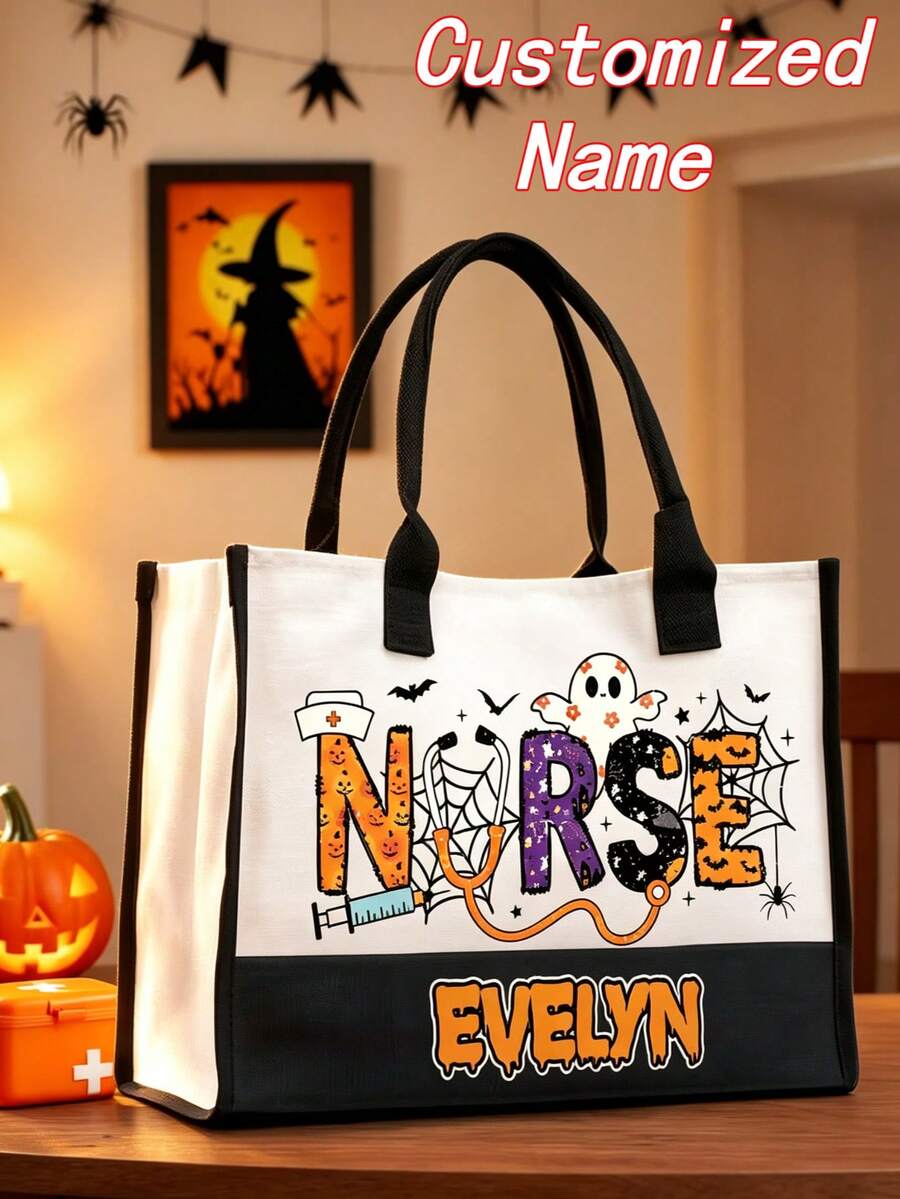 Custom Name Halloween Nurse Canvas Tote Bag, Personalized Medical Worker Shoulder Bag, Halloween Nurse Appreciation Gift - Multicolor - View 1