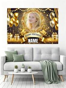 1pc Customizable Photo Name Gold Background Happy Birthday Backdrop, Gold Balloons, Cake, Fireworks, Floral Design, Suitable For Birthday, Bridal Shower, Party Gifts, Party Decor, Photography Backdrop, Vinyl Material - Gold - View 6