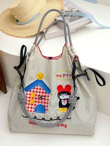 1pc New Casual Embroidered Cat Pattern Lightweight Nylon Large Capacity Foldable Shopping Bag With Drawstring Open Top Shoulder Crossbody Tote - Multicolor - View 1