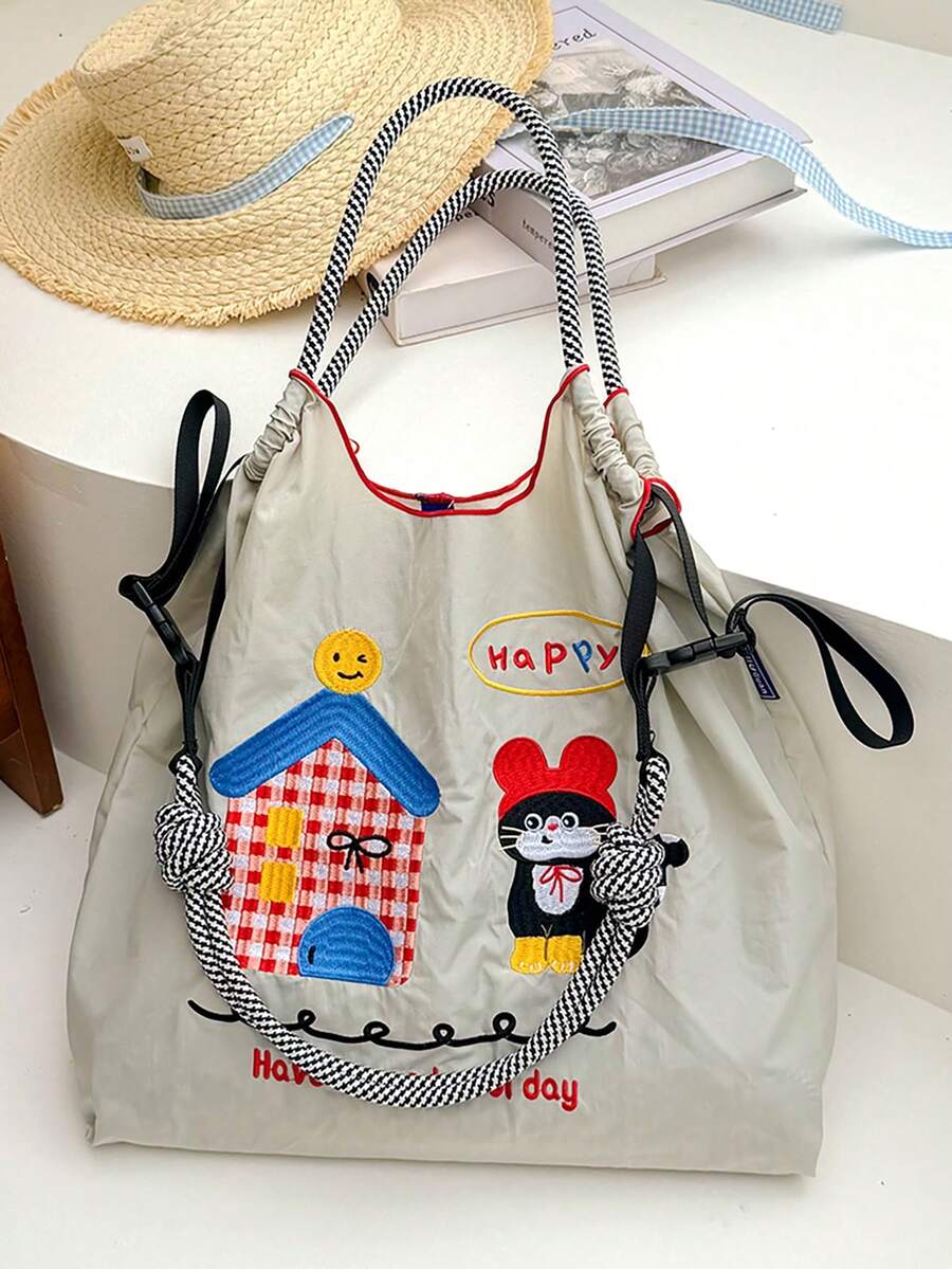 1pc New Casual Embroidered Cat Pattern Lightweight Nylon Large Capacity Foldable Shopping Bag With Drawstring Open Top Shoulder Crossbody Tote - Multicolor - View 1