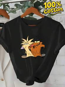 Vintage Cartoon Graphic Casual Short Sleeve T-Shirt For Ladies, Cute All Fashion Brothers Print Daily Spring Summer Top - 黑色 - 查看 8
