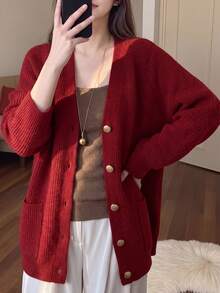 Alicedudu 女式修身竖条纹纹理简约针织开衫，秋冬 - 紅色 - 查看 5