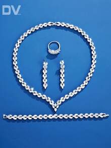 DV JEWELRY 5件組奢華立方鋯石白金電鍍項鍊、手鍊、耳環、開口戒指珠寶套裝，適合女性，優雅珠寶禮物，適用約會、婚禮、派對、週年紀念，附禮盒包裝 - 銀色 - 查看 3