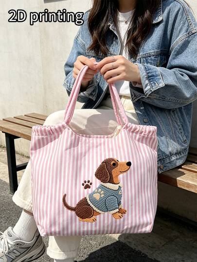 Cute Embroidered Dachshund Print Striped Tote Bag, Portable Tote Bag With Matching Zippered Cosmetic Bag, Large Capacity Women's Shoulder Bag, Casual Versatile Handbag, Can Hold Swimwear, Sunscreen, Towels, Cosmetics, Skincare Products, Suitable For Beach, Travel, Shopping, School, Pool, Vacation, Picnic, Work, Commute And Daily Use, Birthday, Holiday, Graduation Season, Back To School, Teacher's Day Gift, Daily Coin Purse, Gift For Family, Friends, Best Friends, Dog Moms, Thanksgiving, Holiday Gift