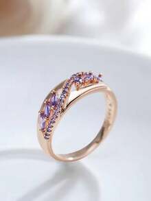 1 Pc Elegant Purple Marquise Cubic Zirconia Leaf Vine Rose Gold-Tone Women's Ring, Anniversary Party Jewelry Gift For Her - Ring - View 2