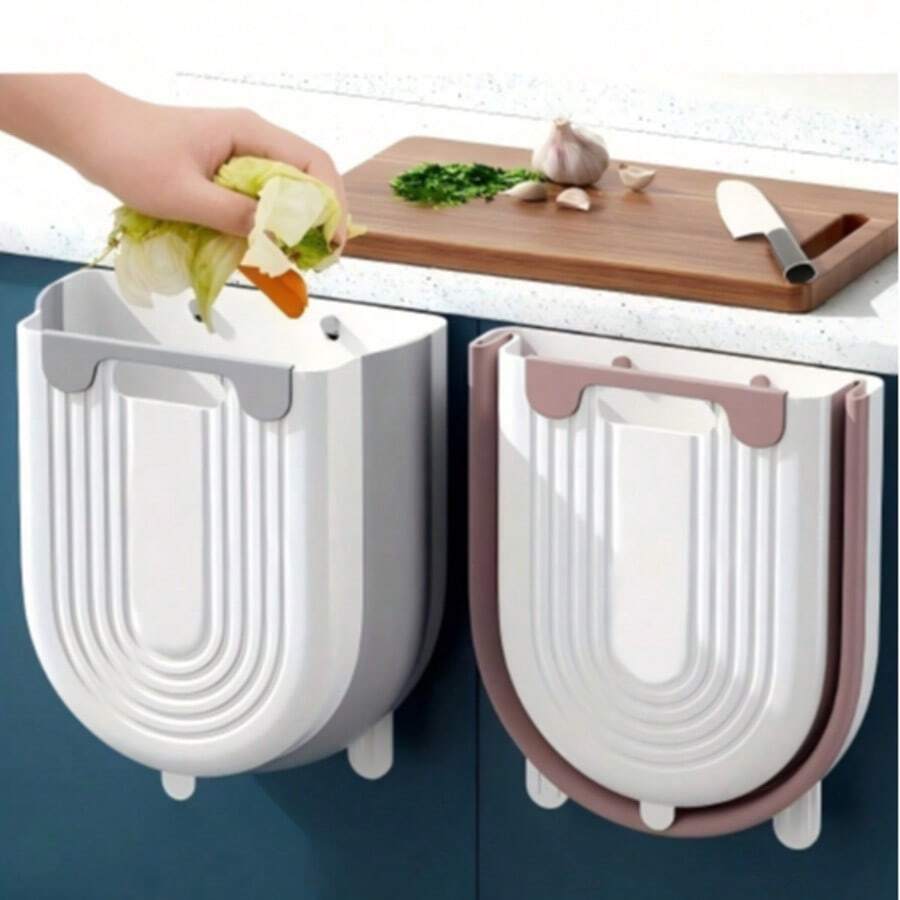 Foldable Wall-Mounted Kitchen Trash Can, No-Drill Hanging Waste Basket, Minimalist Space-Saving Compost Bin For Kitchen Cabinet, Sink, Bathroom, Multiple Colors Available: Gray, Pink, Blue (Slight Color Difference Is Normal) - Multicolor - View 1
