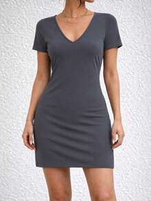 Women's Short-Sleeved, Short Viscose Two-Thread Dress With Lace Detail On The Back., 36096 - Grey - View 1
