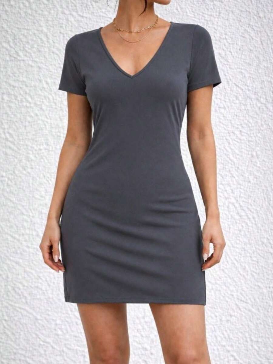 Women's Short-Sleeved, Short Viscose Two-Thread Dress With Lace Detail On The Back., 36096 - Grey - View 1