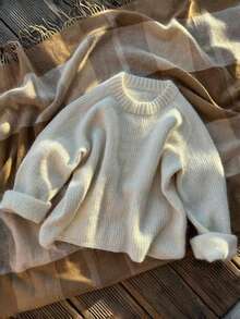 Cream White Ribbed Crew Neck Long Sleeve Soft Loose Slouchy Slimming Versatile Autumn/Winter Knit Sweater - Apricot - View 1
