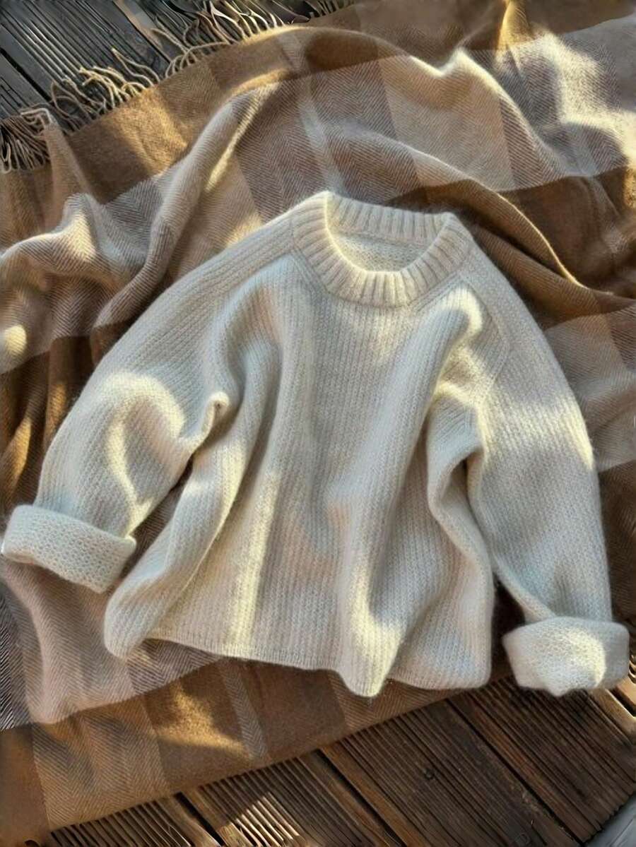 Cream White Ribbed Crew Neck Long Sleeve Soft Loose Slouchy Slimming Versatile Autumn/Winter Knit Sweater - Apricot - View 1