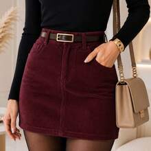 Women's Corduroy Mini Skirt With Elegant Belt High Waisted - 酒紅色 - 查看 13