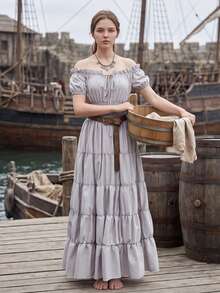 Female Elegant Evening Dress, Off-Shoulder Princess Sleeve With Ruffled Edges, Suitable For Vacation Outfits And Graduation Parties, Renaissance Theme - 灰色 - 查看 1